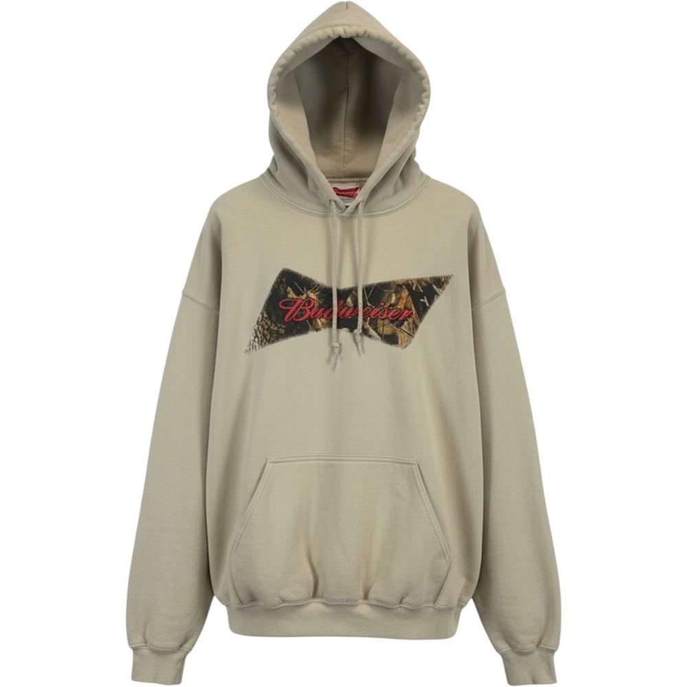 Gildan Budweiser Hoodie Mens XL Tan Camo Bowtie Logo Heavy Blend Pullover Retro